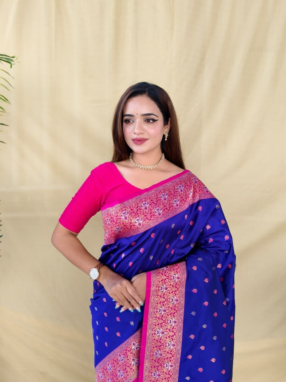 Royal Blue with Rani Pink Soft Silk Saree with Zari Woven Border